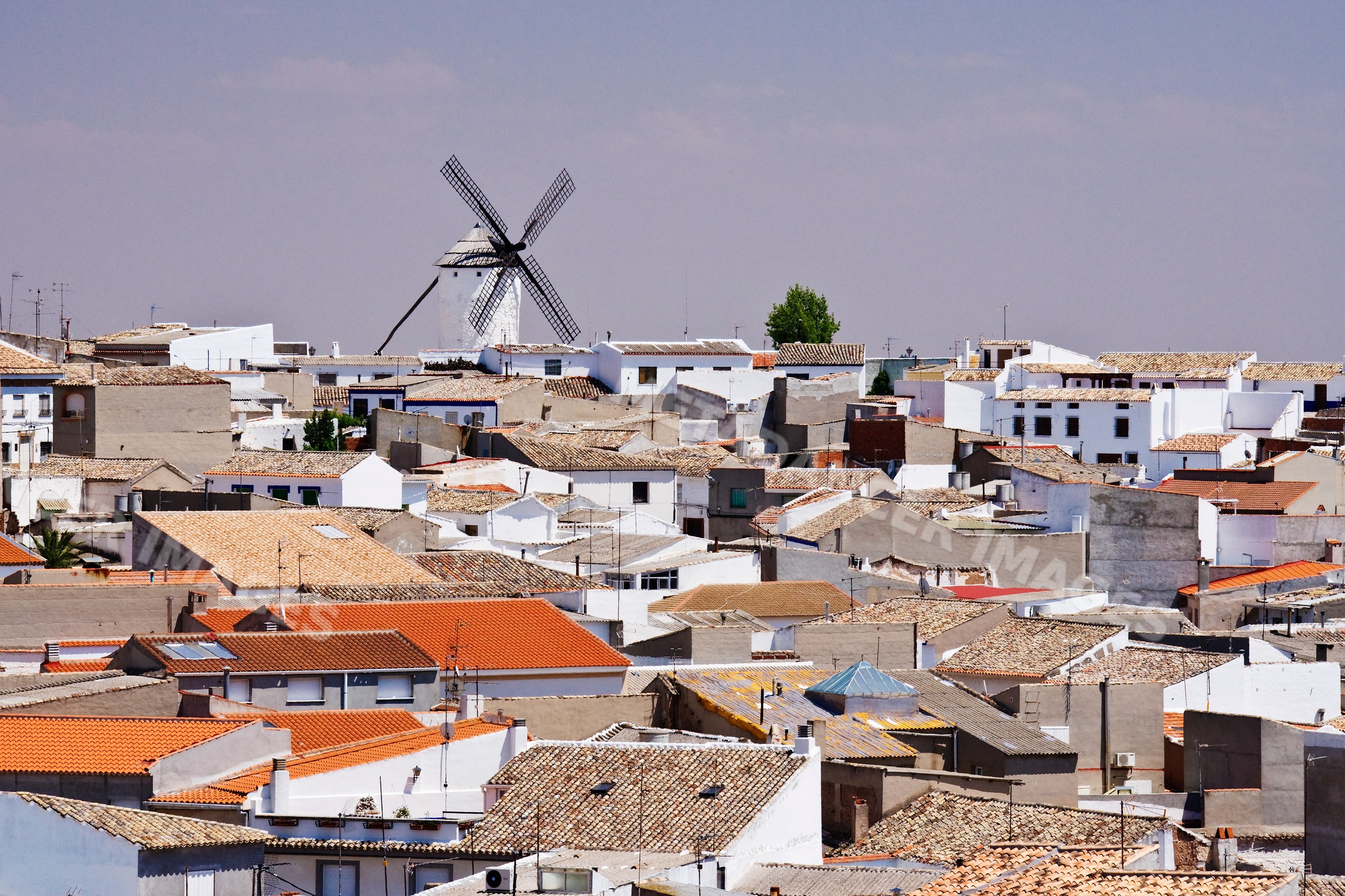 Windmill and rooftops village, Spain