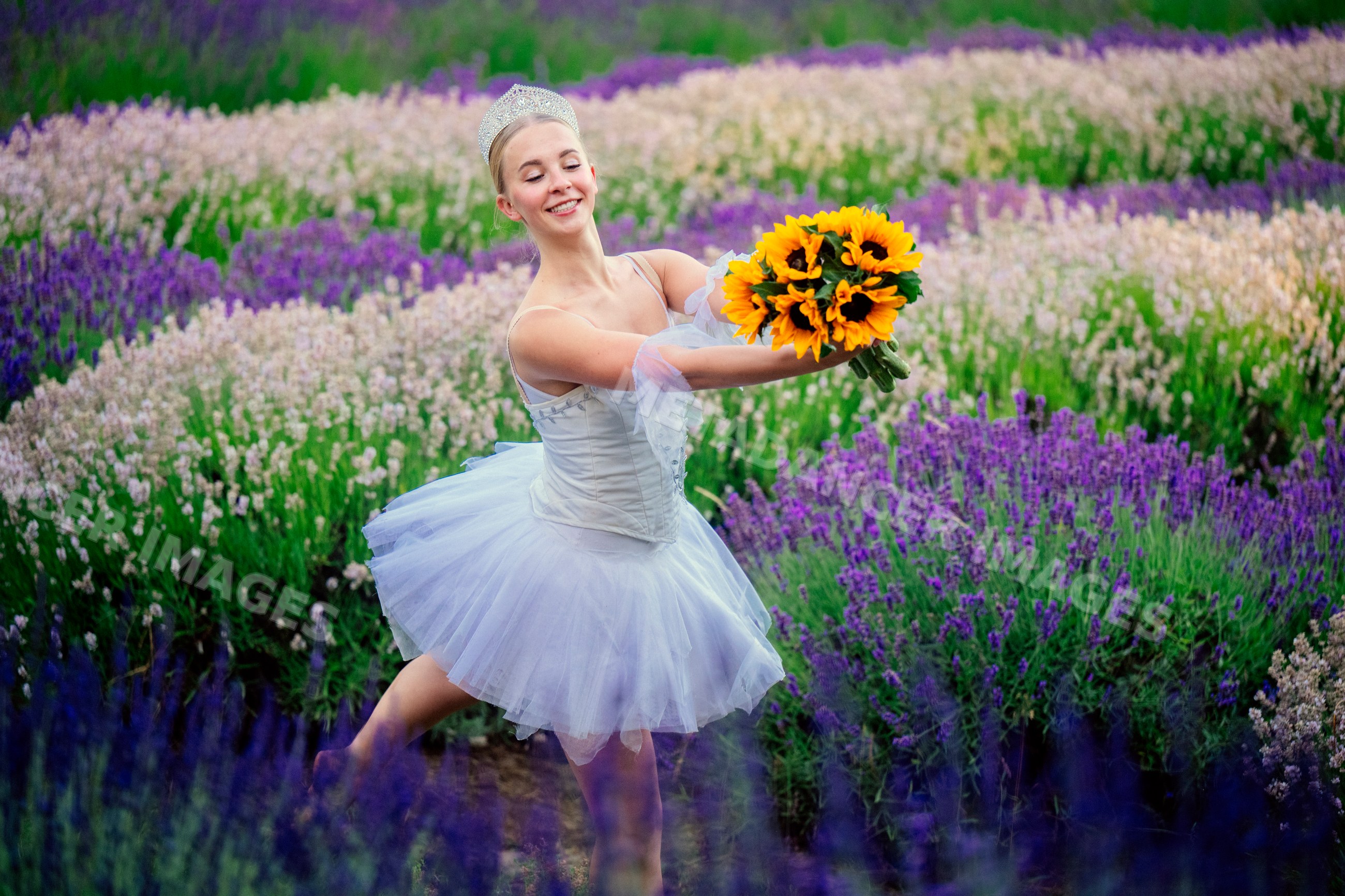 Ballerina dancing with sunflower bouquet in lavender flower field