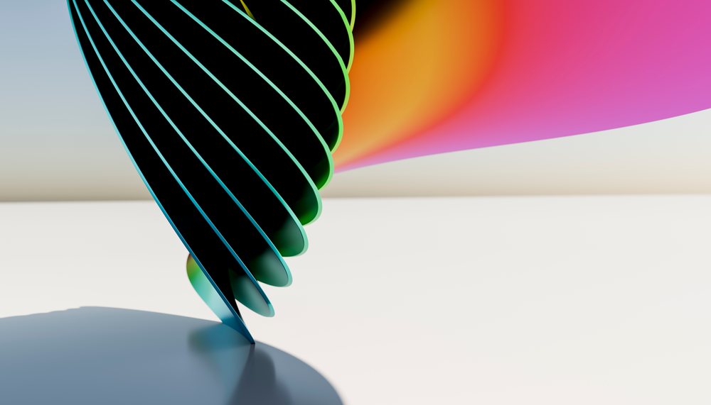 Metal spiral sculpture with colorful gradient reflection in studio