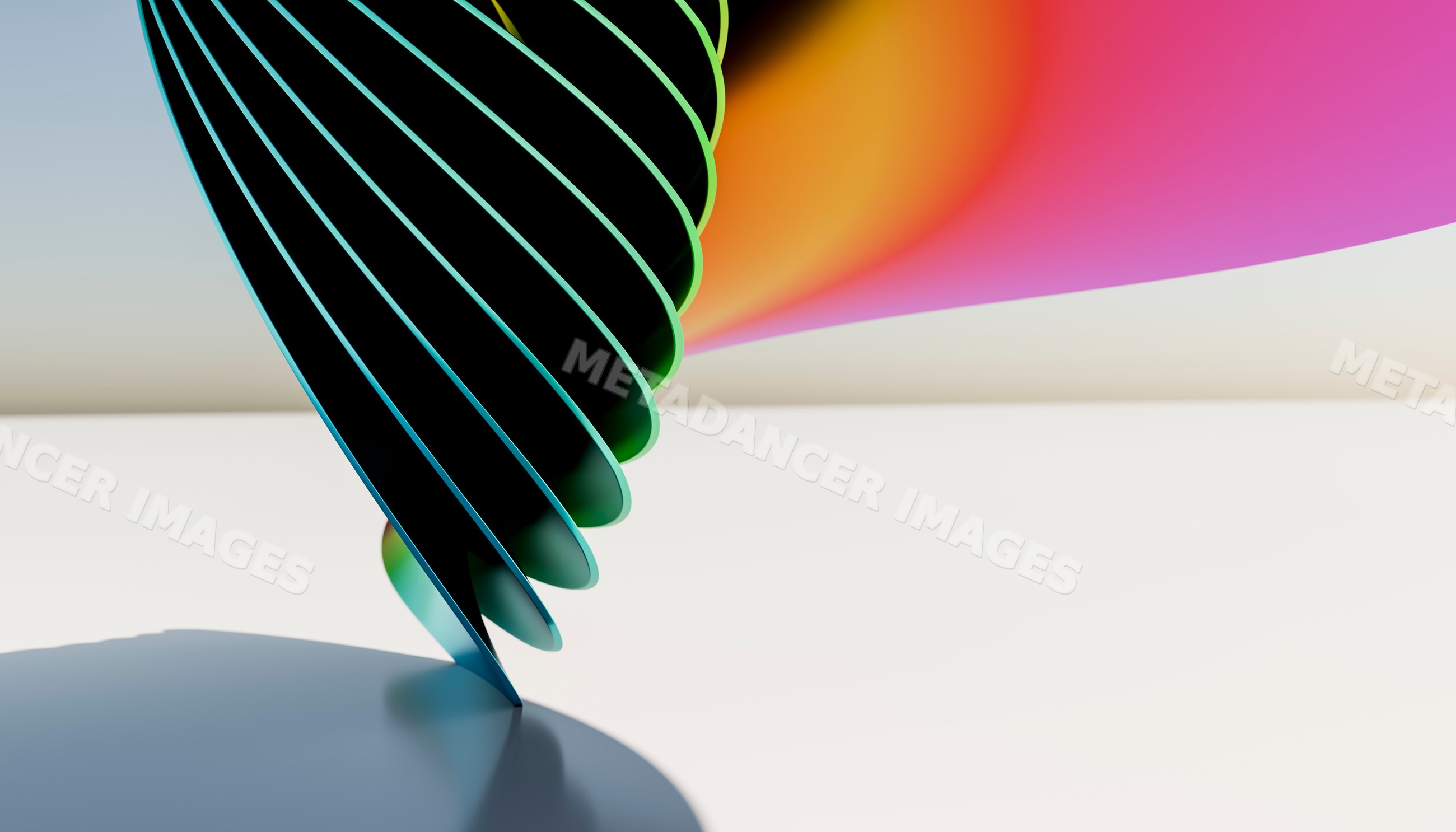 Metal spiral sculpture with colorful gradient reflection in studio