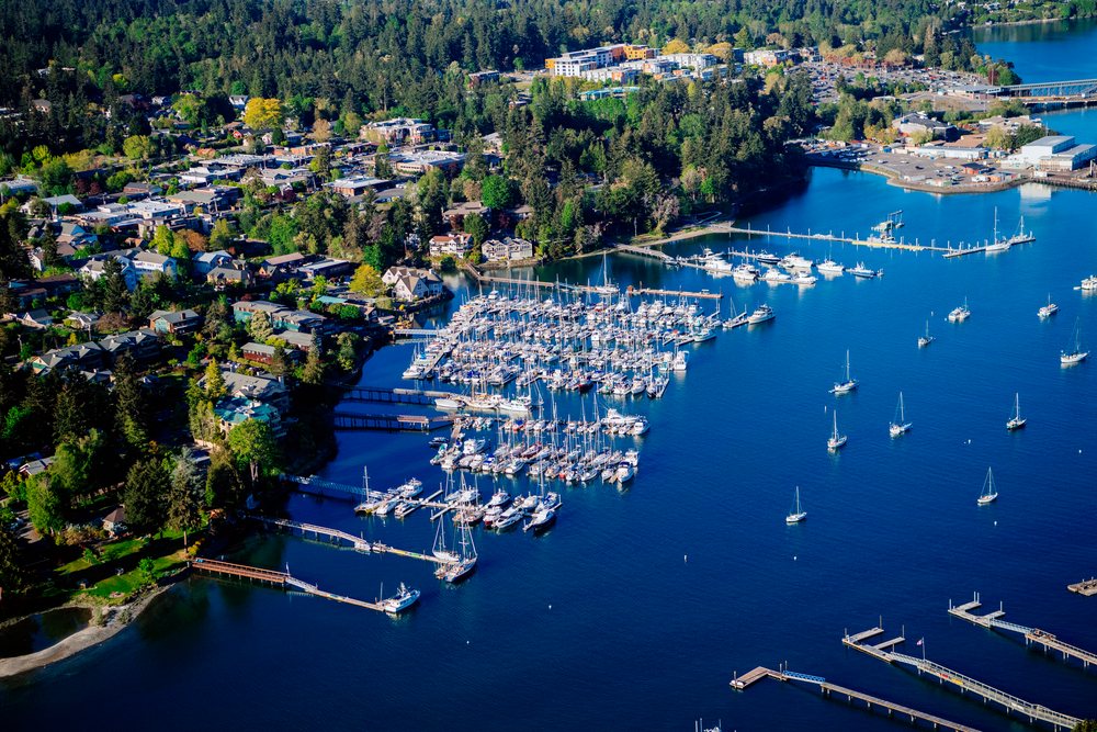 Marina with sailboats and docks at Eagle Harbor on Bainbridge Island