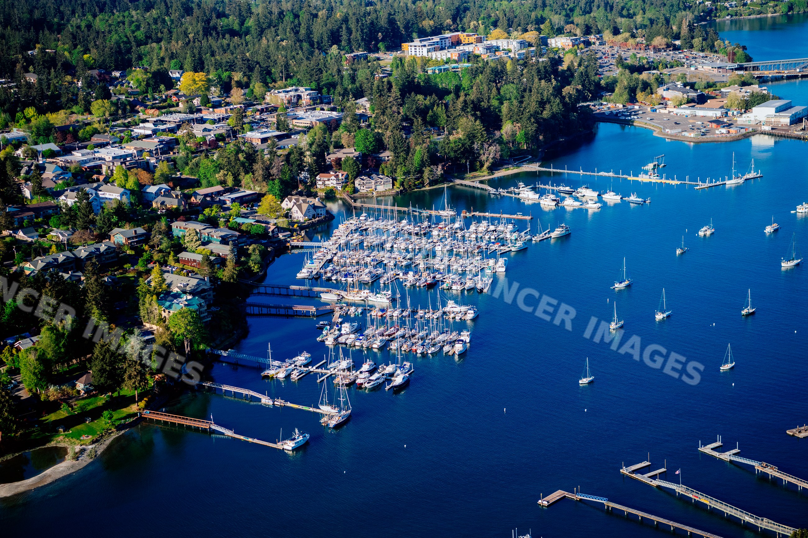 Marina with sailboats and docks at Eagle Harbor on Bainbridge Island