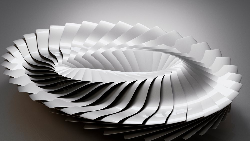 Modern white spiral sculpture with layered curved forms
