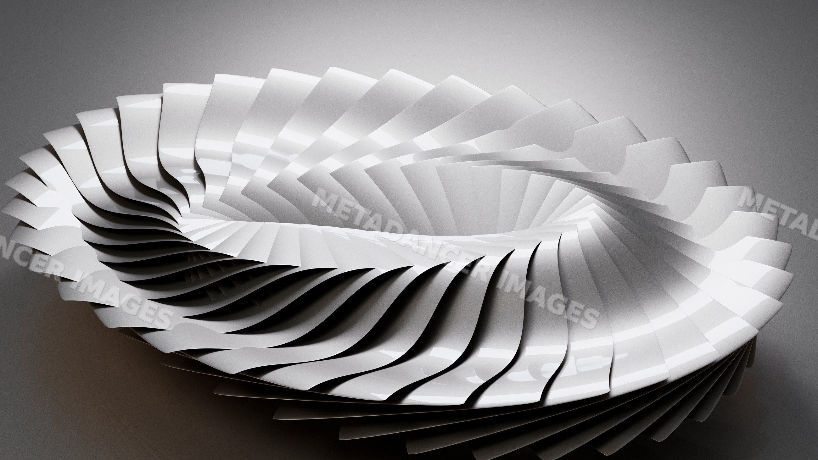 Modern white spiral sculpture with layered curved forms