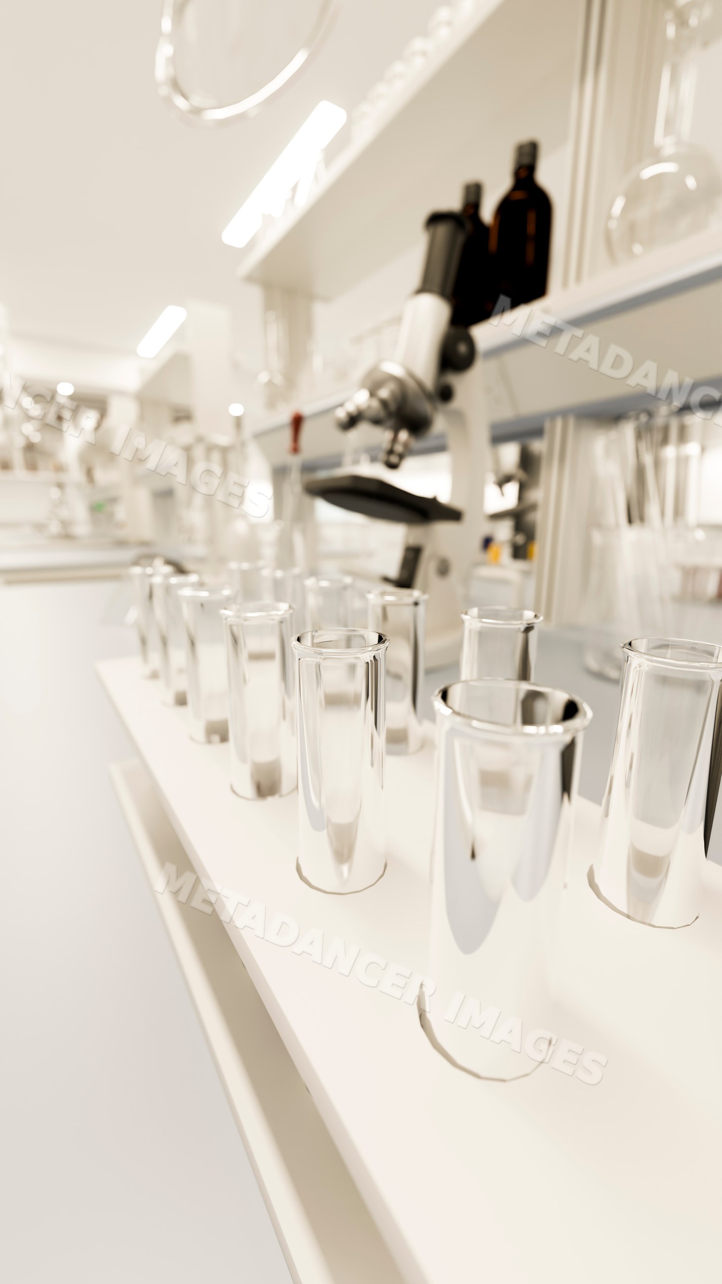Test tubes on laboratory bench with microscope
