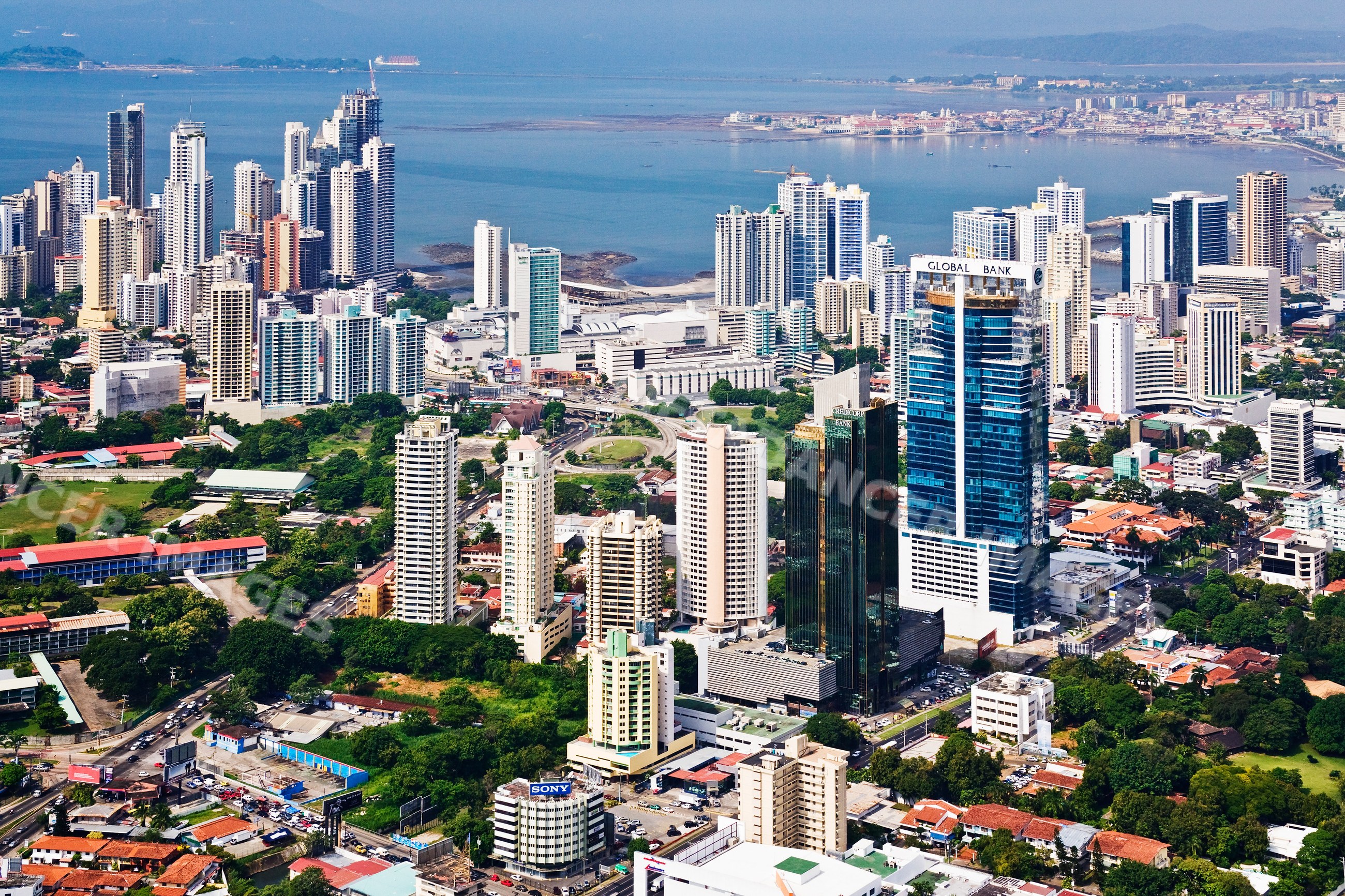 Panama city skyline with modern high-rise buildings along