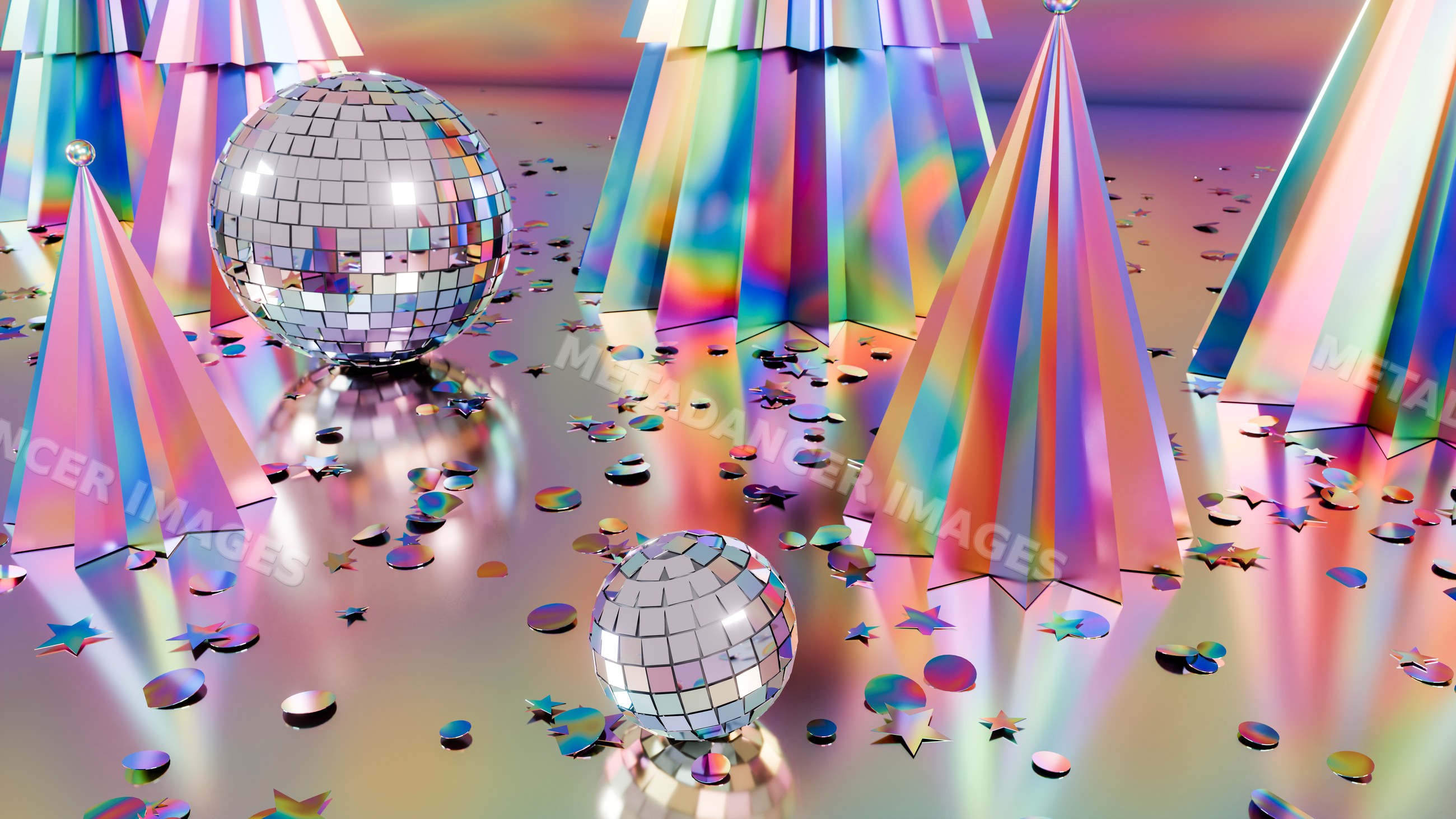 Colorful iridescent party hats with disco balls and confetti