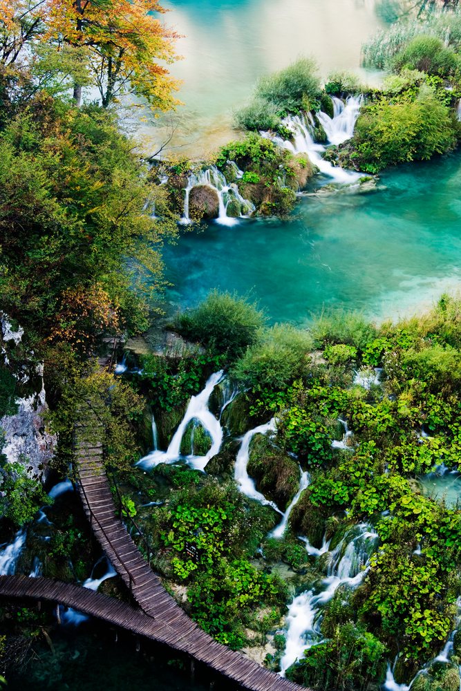 Waterfalls and wooden boardwalk croatia