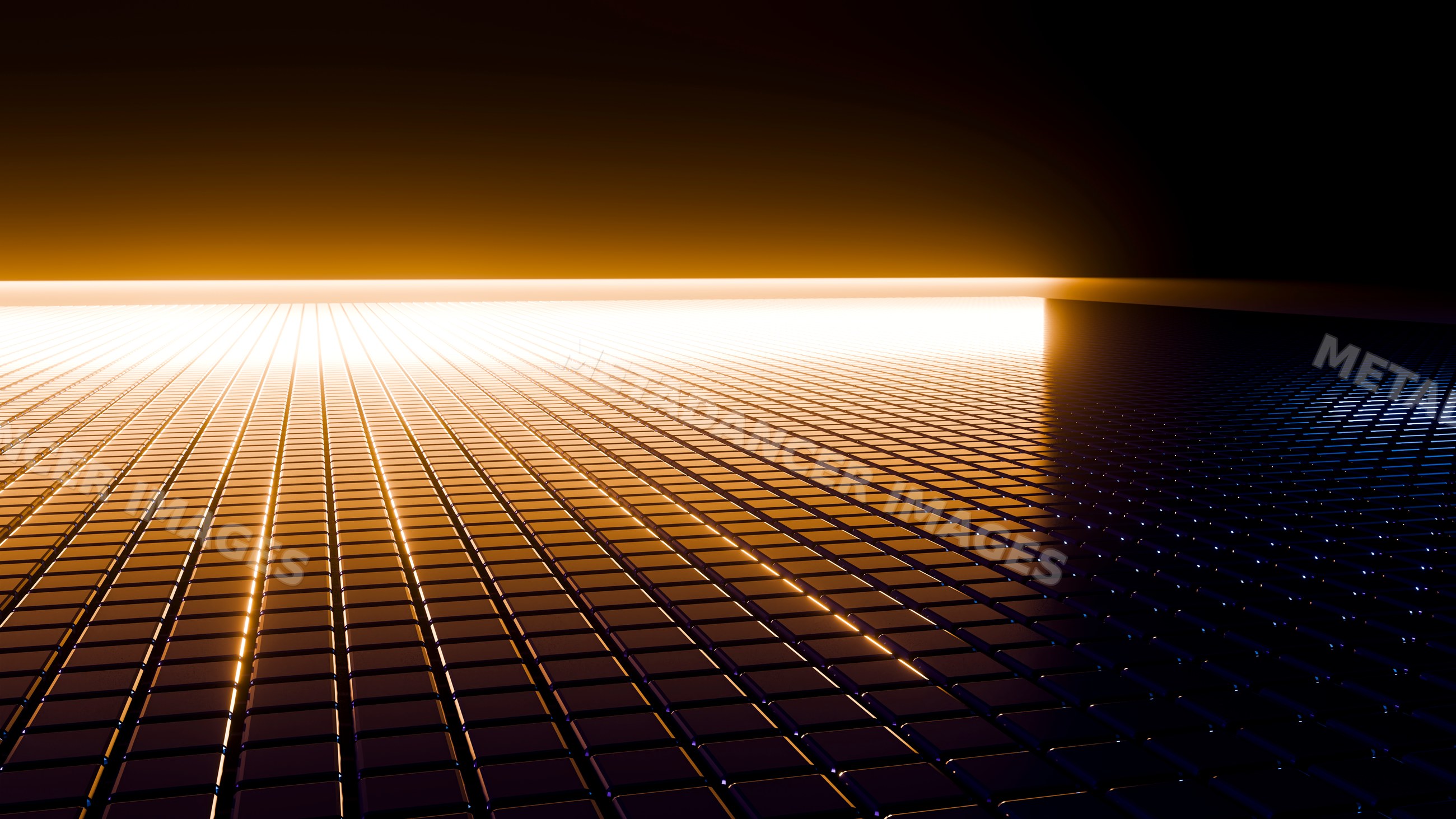 Abstract digital glowing grid extending toward bright horizon