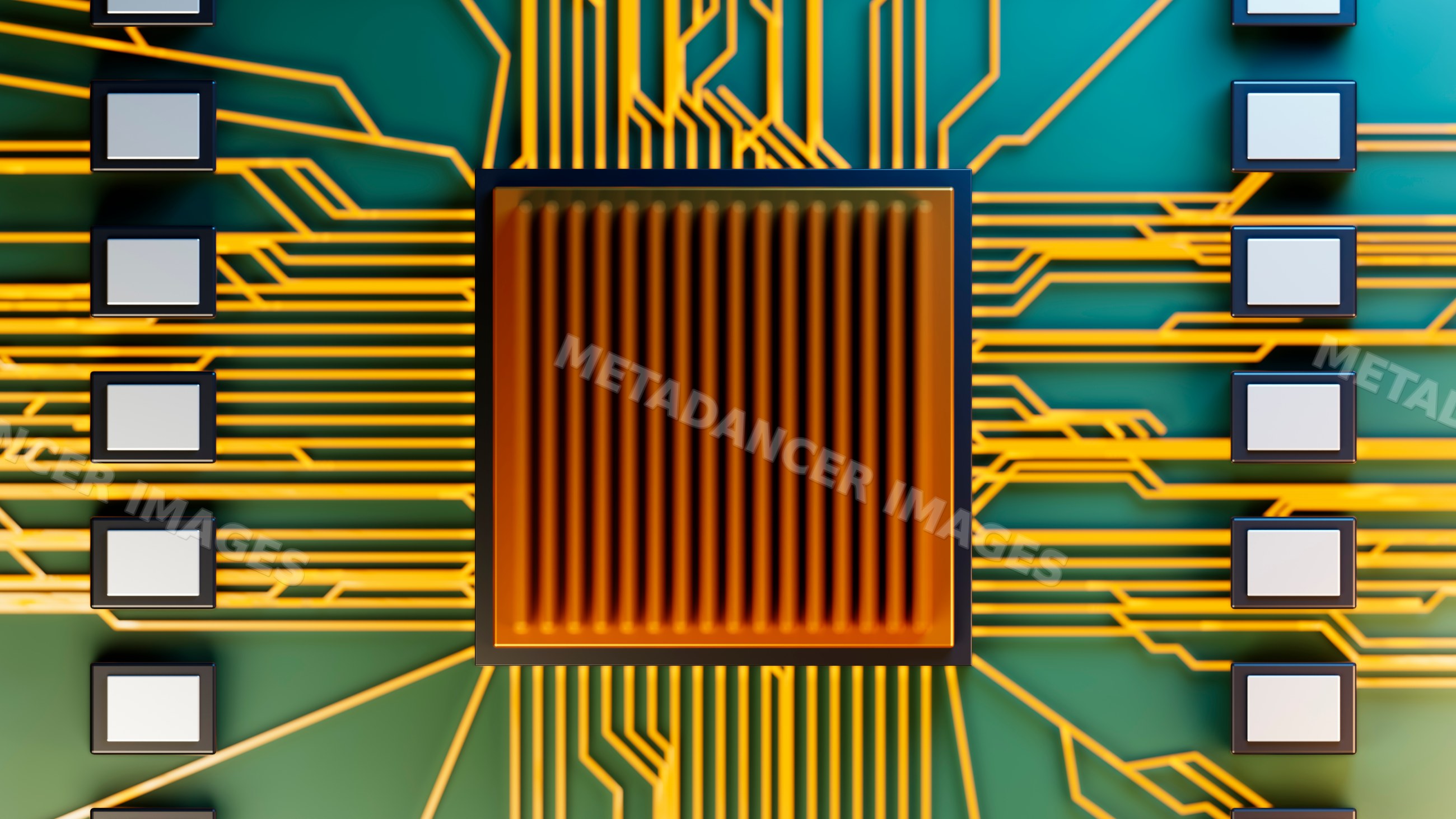 Computer chip on green circuit board with golden circuitry