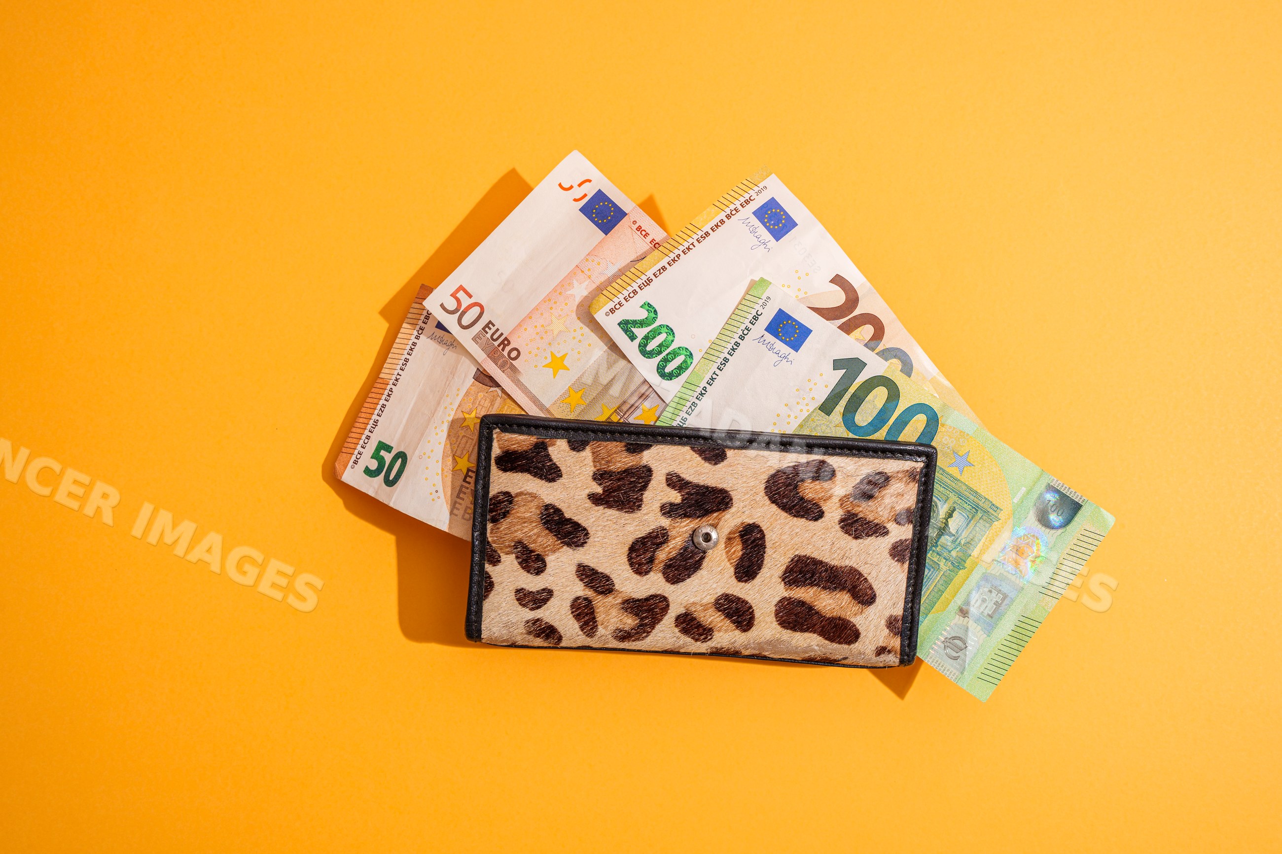Leopard print wallet with euro banknotes on orange background