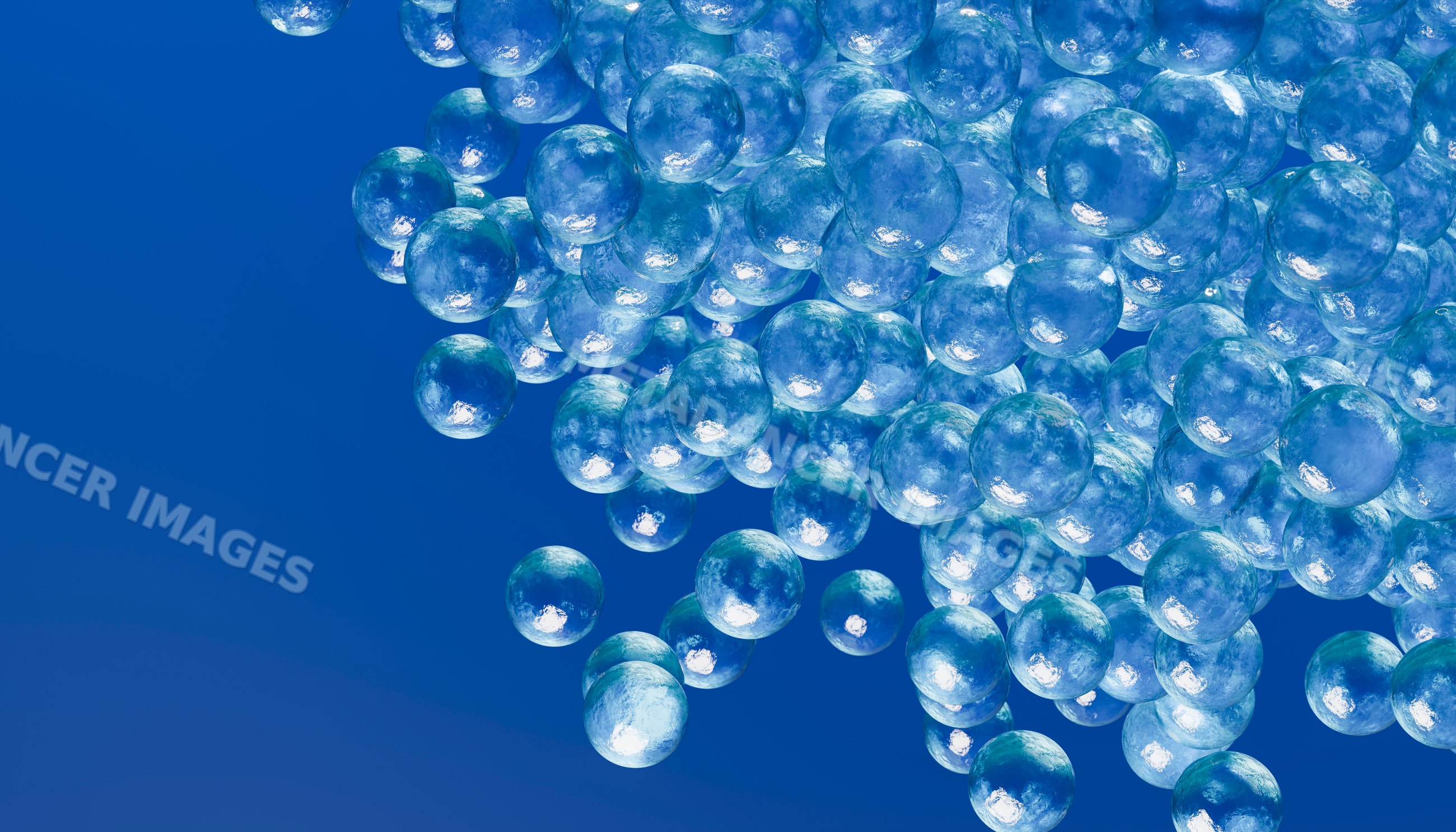 3d digital rendering of transparent blue spheres floating in cluster