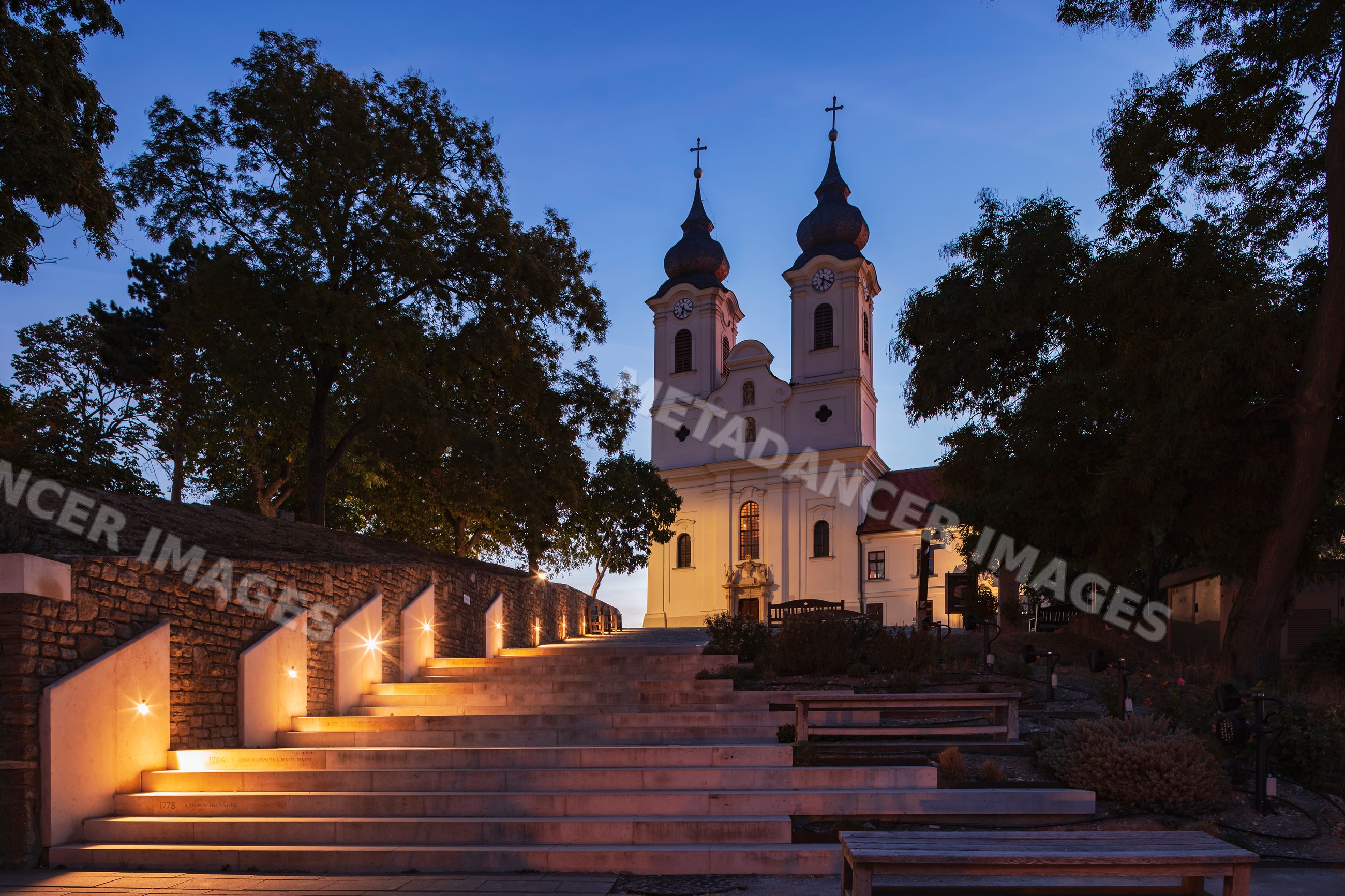 Benedictine Abbey of Tihany with illuminated steps