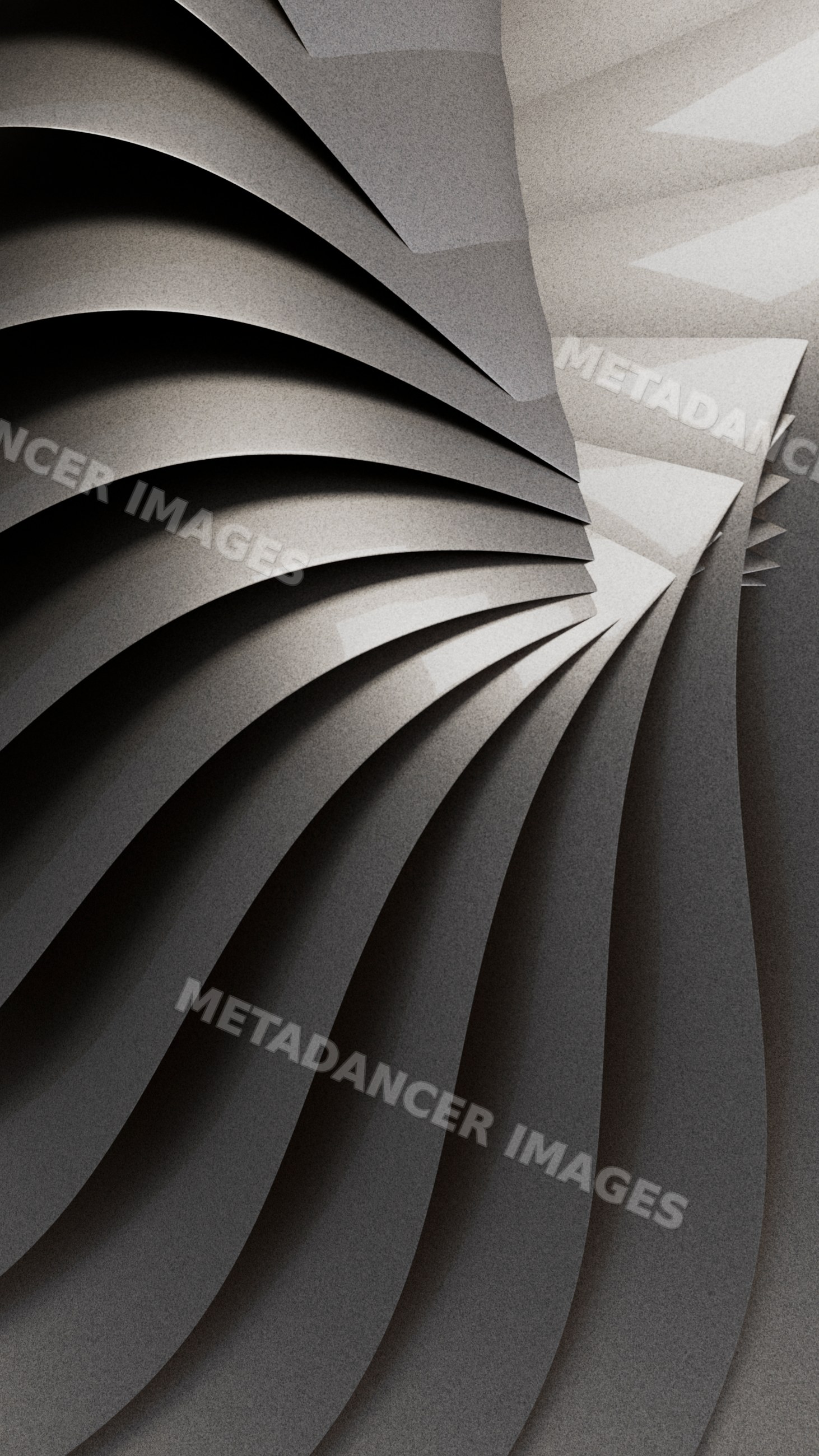 Abstract curved layered paper sculpture with spiral design