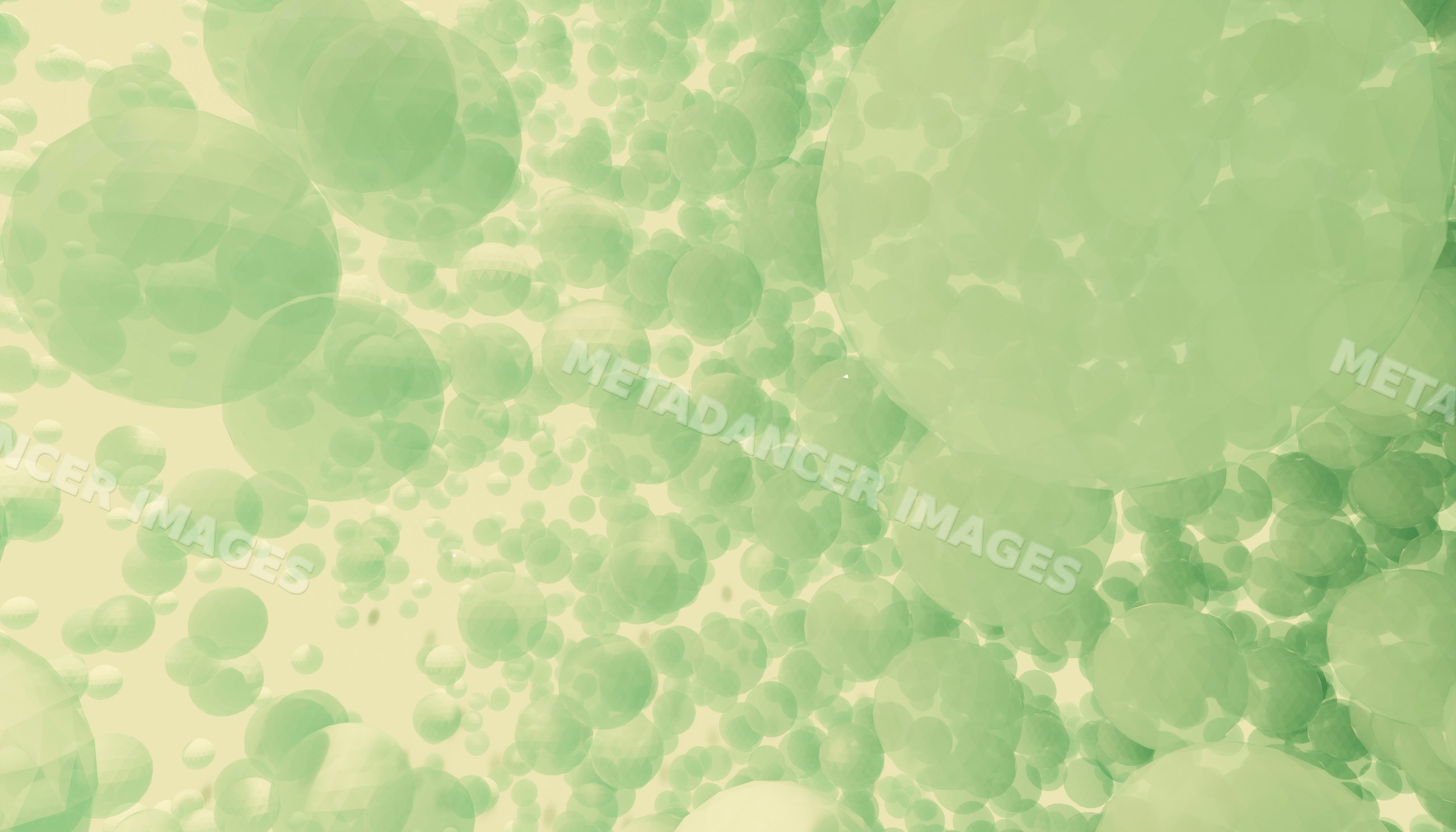 Multiple translucent green spheres floating